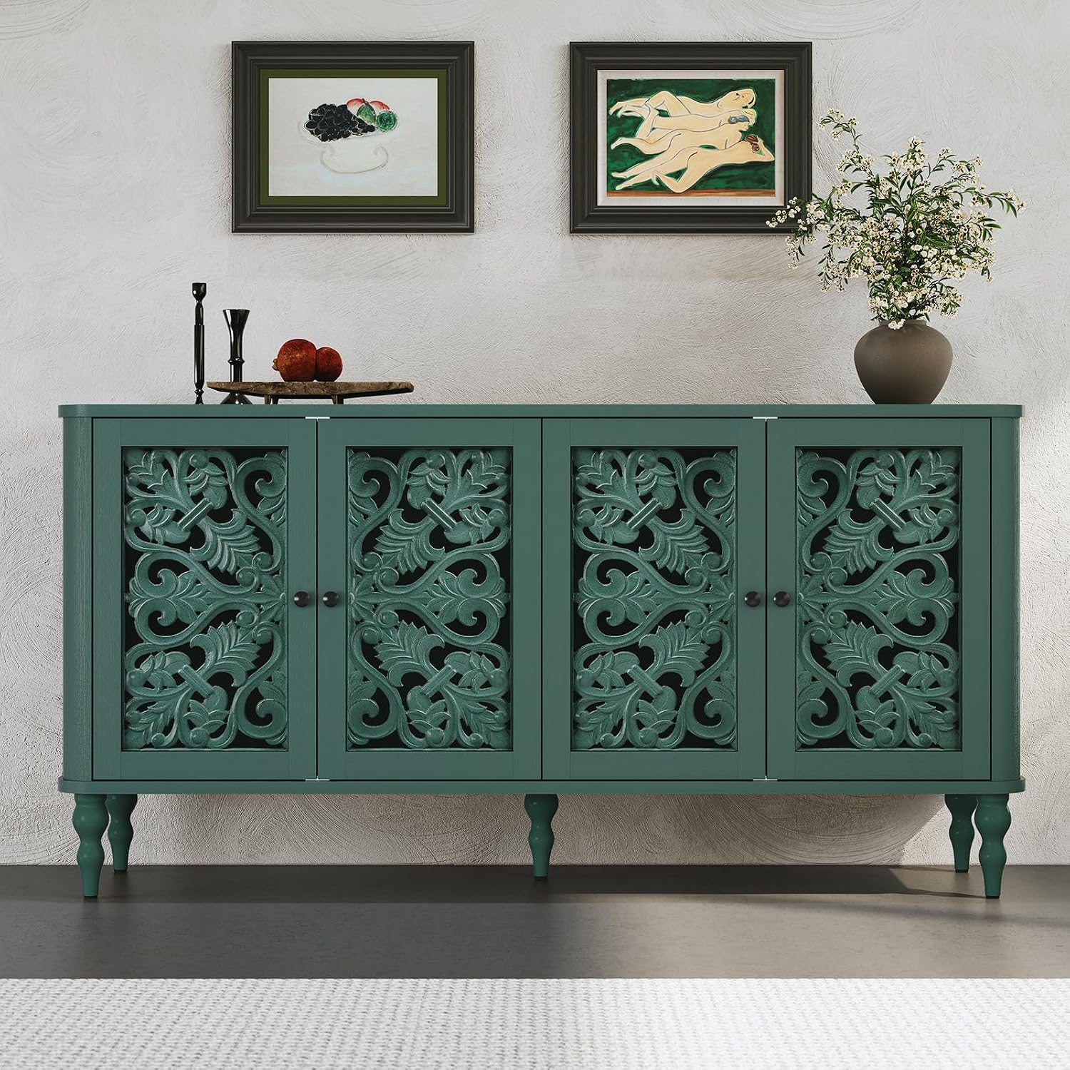Green 63" Retro Arc Carved 4-Door Sideboard Credenza