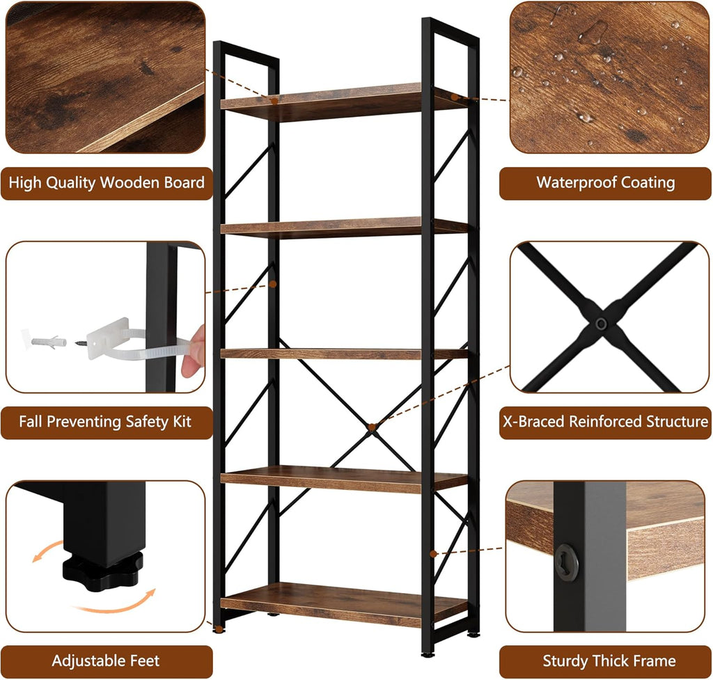 Brown Industrial 5-Tier Tall Open Storage Bookshelf