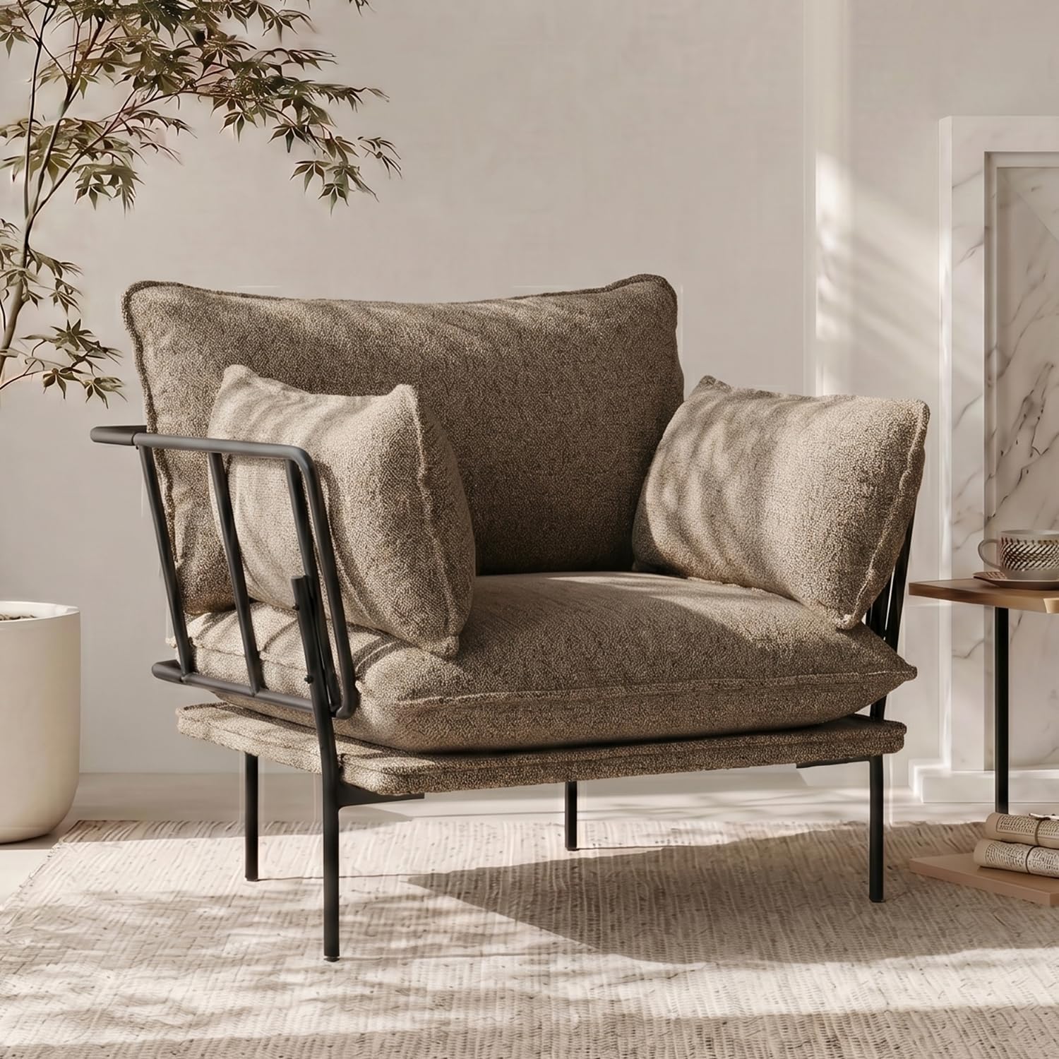 Panda White Boucle Oversized Deep Seat Accent Chair with Black Metal Frame