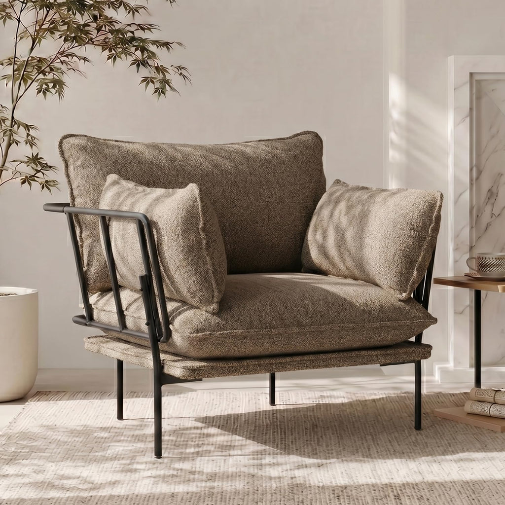 Panda White Boucle Oversized Deep Seat Accent Chair with Black Metal Frame