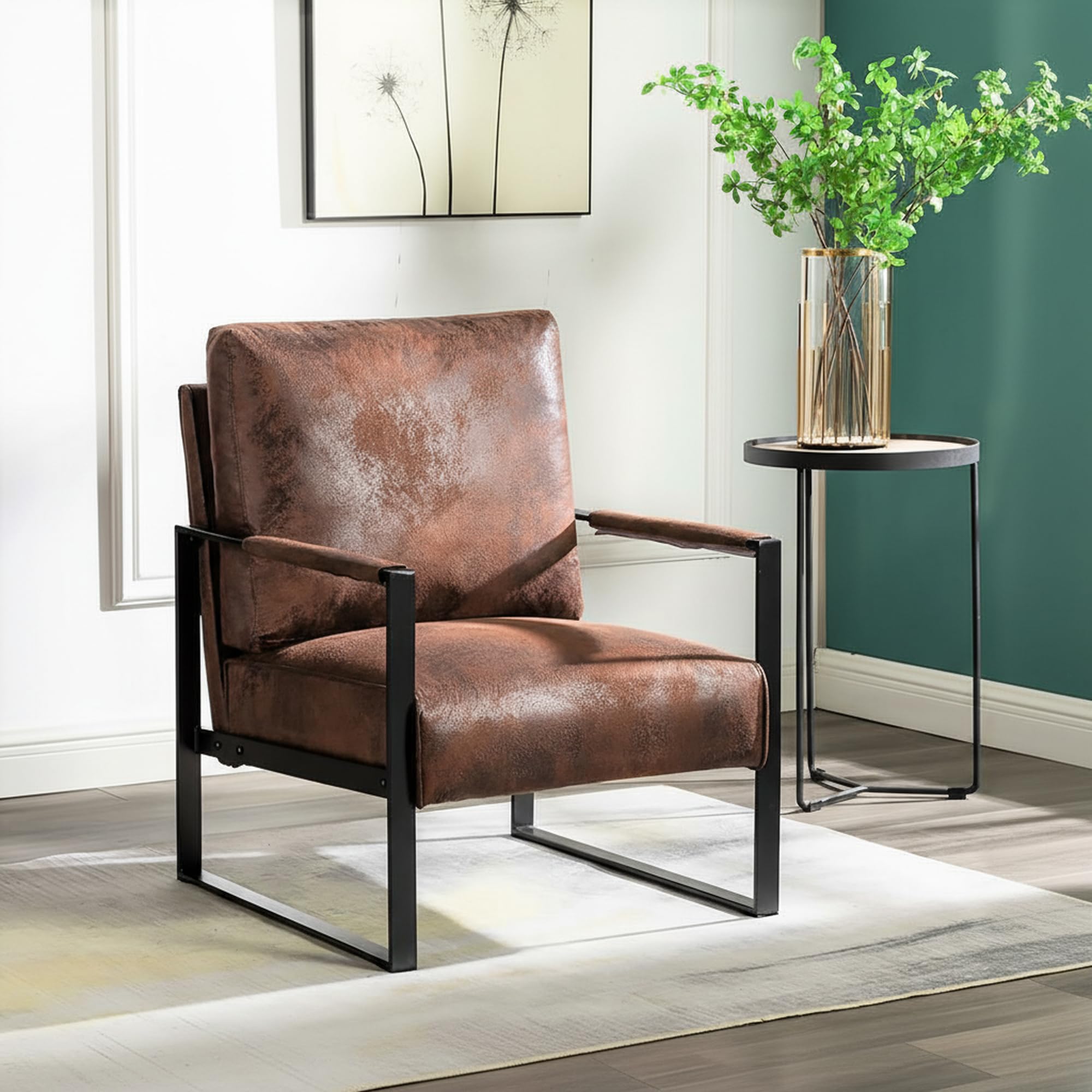 Container Furniture Brown Spotted Microfiber Mid-Century Accent Chair with Square Metal Frame