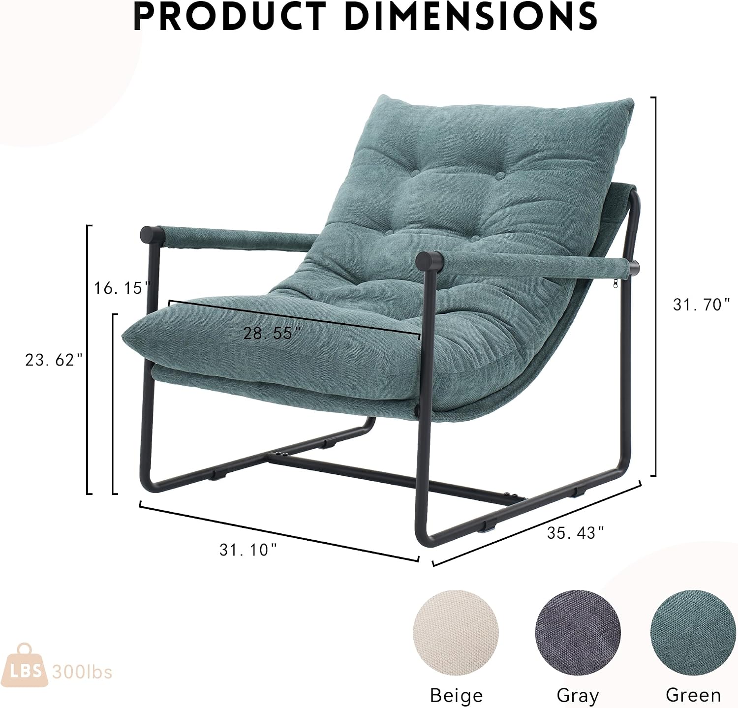 Green Upholstered Metal Frame Comfy Reading Accent Chair, Set of 1