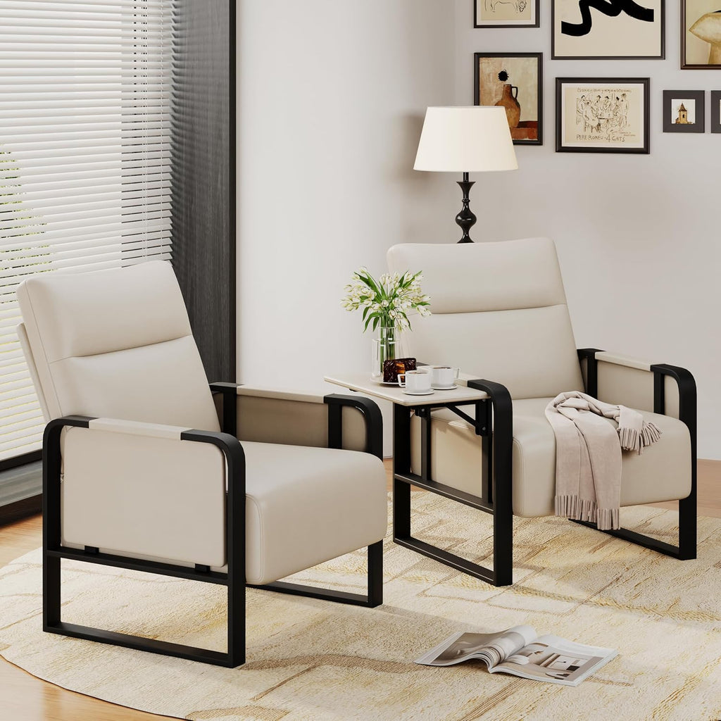 Beige Mid-Century Faux Leather Accent Chair Set of 2 with Side Table