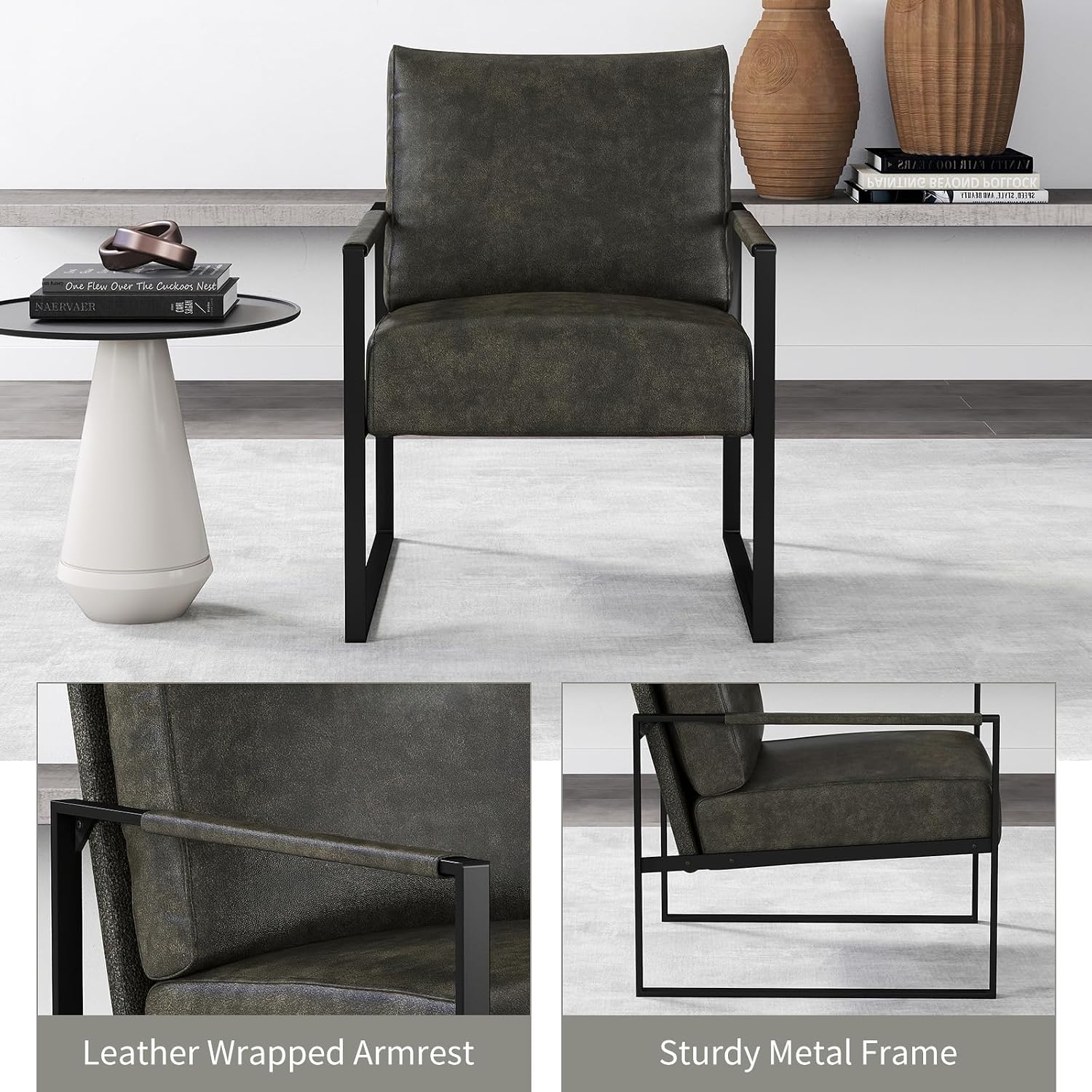 Dark Grey PU Leather Mid-Century Accent Chair with Metal Frame