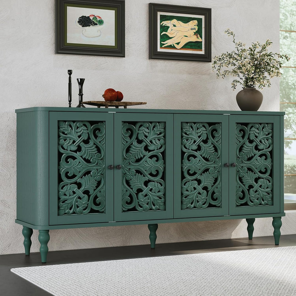 Green 63" Retro Arc Carved 4-Door Sideboard Credenza
