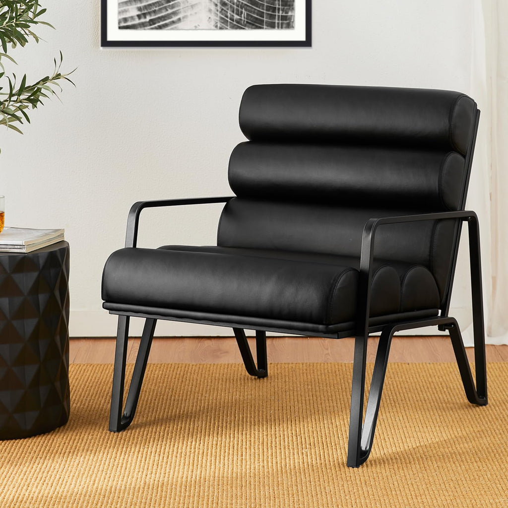 Black PU Leather Accent Chair with Metal V-Shaped Legs