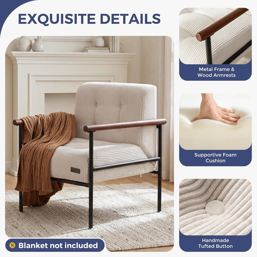 Beige Upholstered Reading Accent Chair with Metal Frame & Wood Armrests