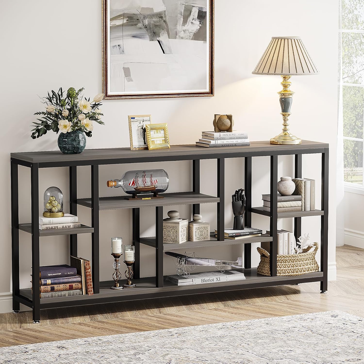 Rustic Brown 70.9" 3-Tier Extra Long Industrial Sofa Console Table