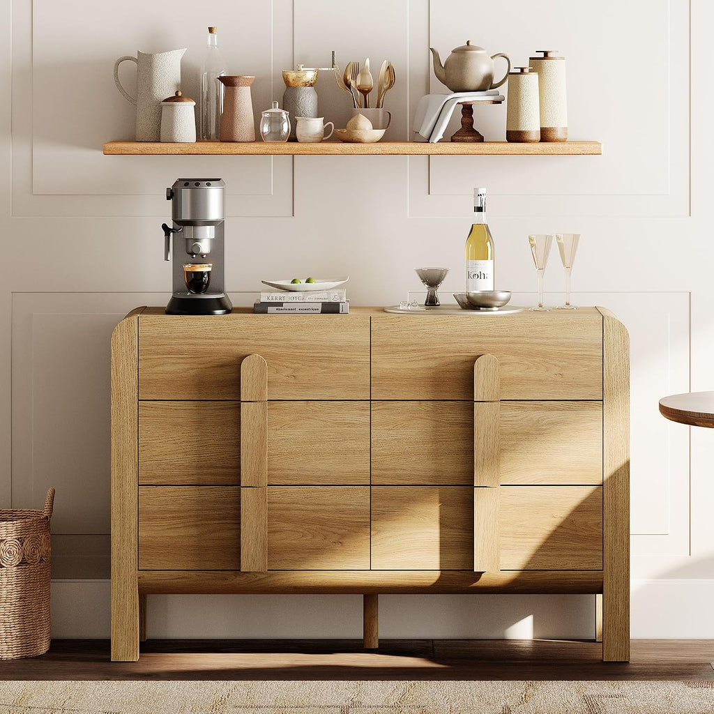 Light Walnut 6-Drawer Modern Sideboard Buffet Cabinet