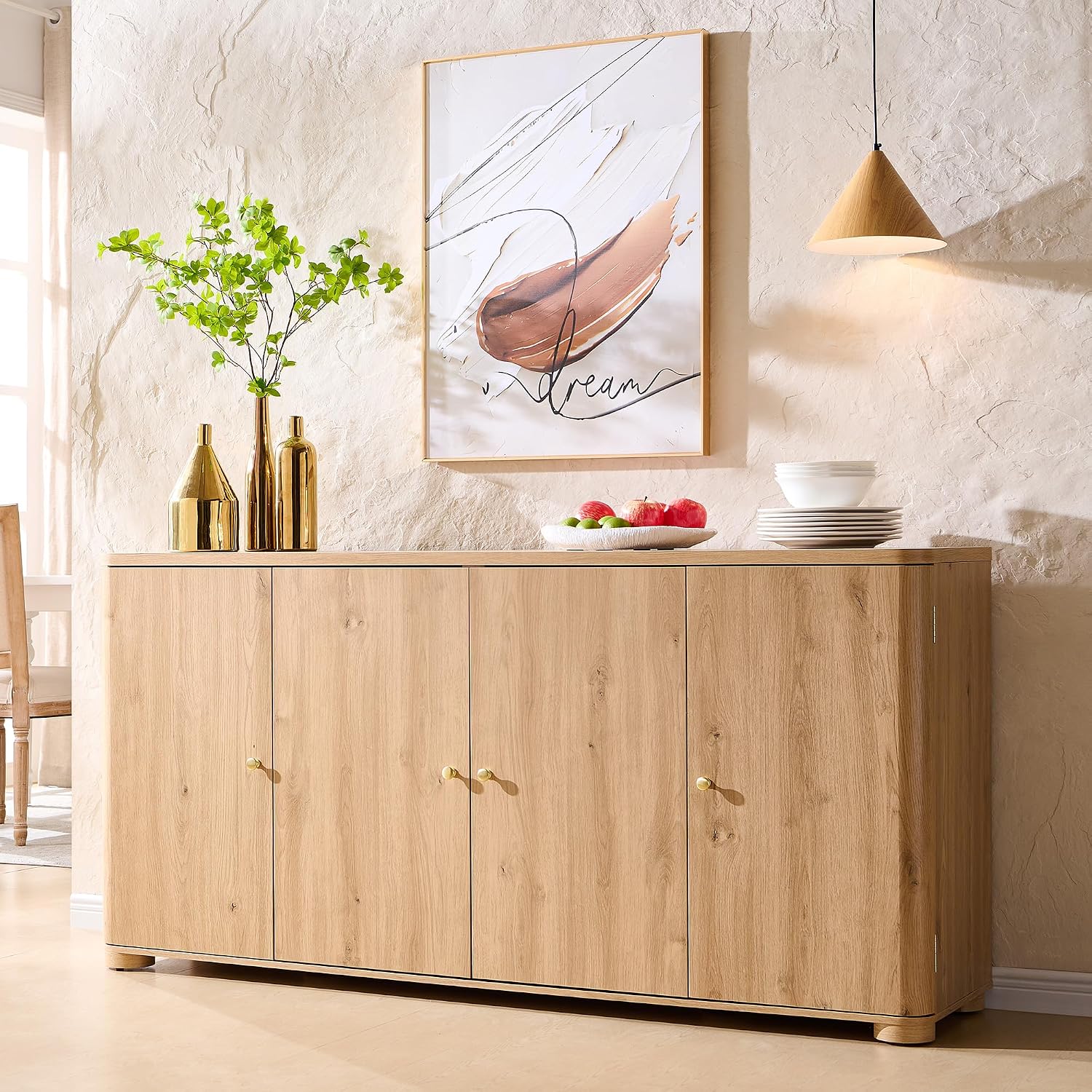 Natural Curved 4-Door 66 Inch Storage Sideboard Buffet Cabinet