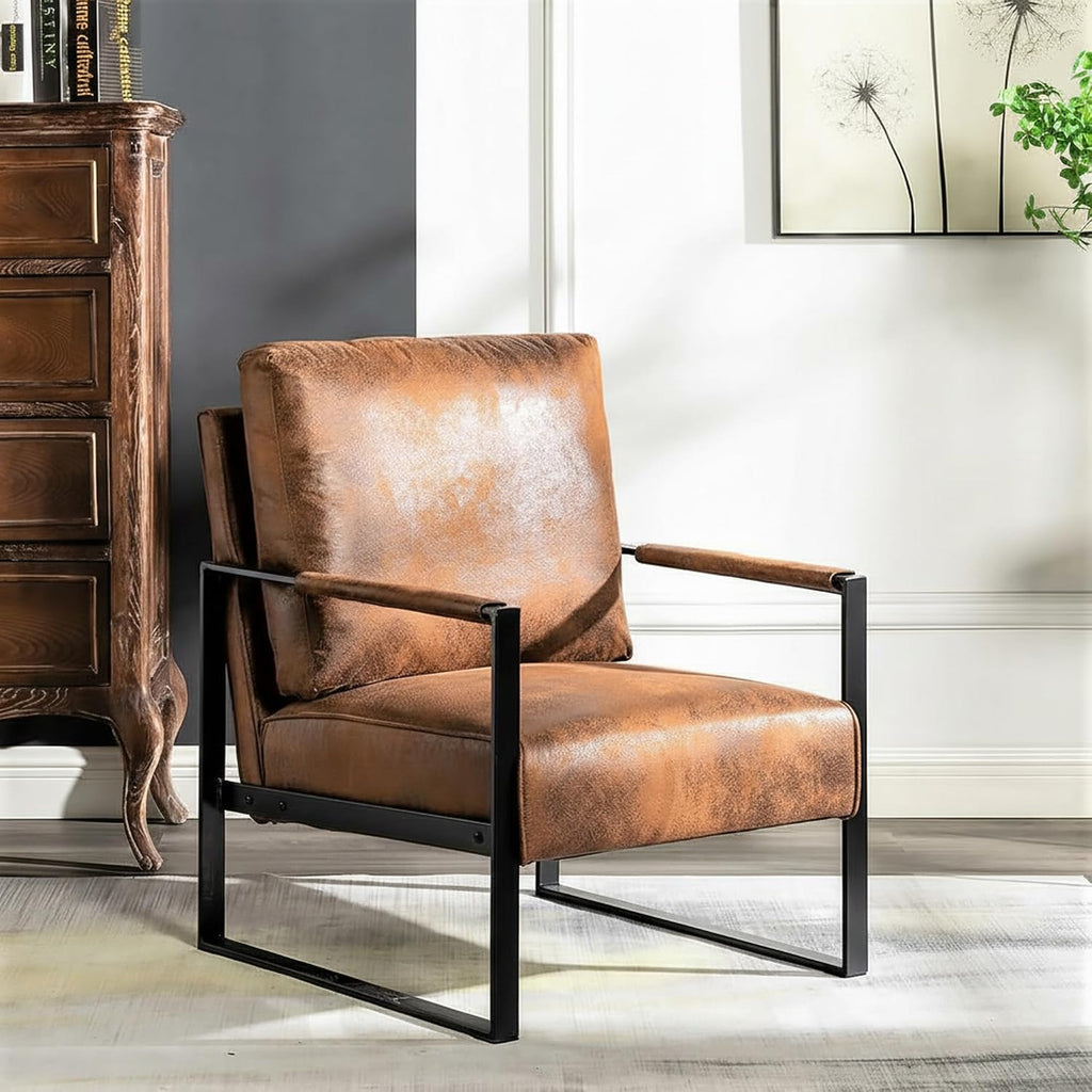 Container Furniture Brown Spotted Microfiber Mid-Century Accent Chair with Square Metal Frame