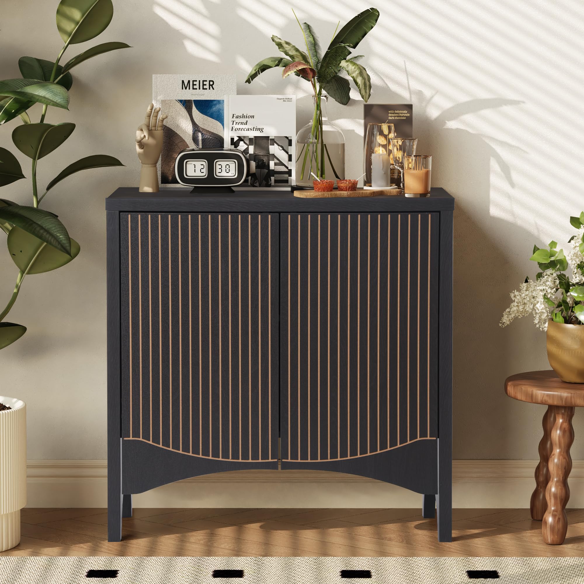 Walnut Fluted Arc Carved 4-Door Storage Sideboard Cabinet