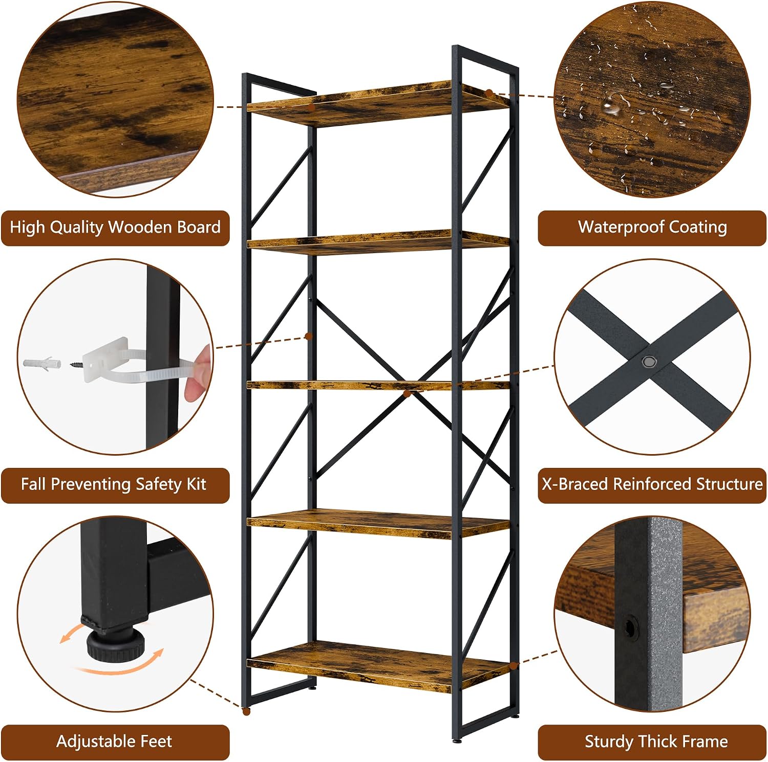 Shintenchi Rustic Brown Industrial 5-Tier Tall Open Bookshelf