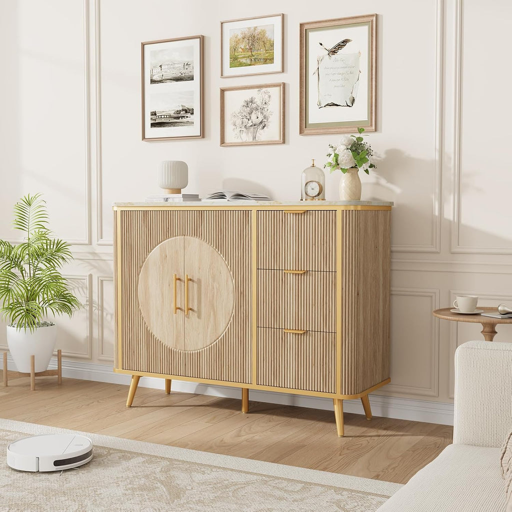 Natural Oak Fluted 2-Door 3-Drawer Storage Sideboard Cabinet