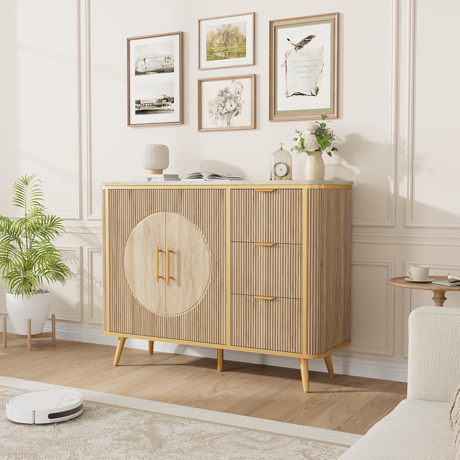 Natural Oak Fluted 2-Door 3-Drawer Storage Sideboard Cabinet
