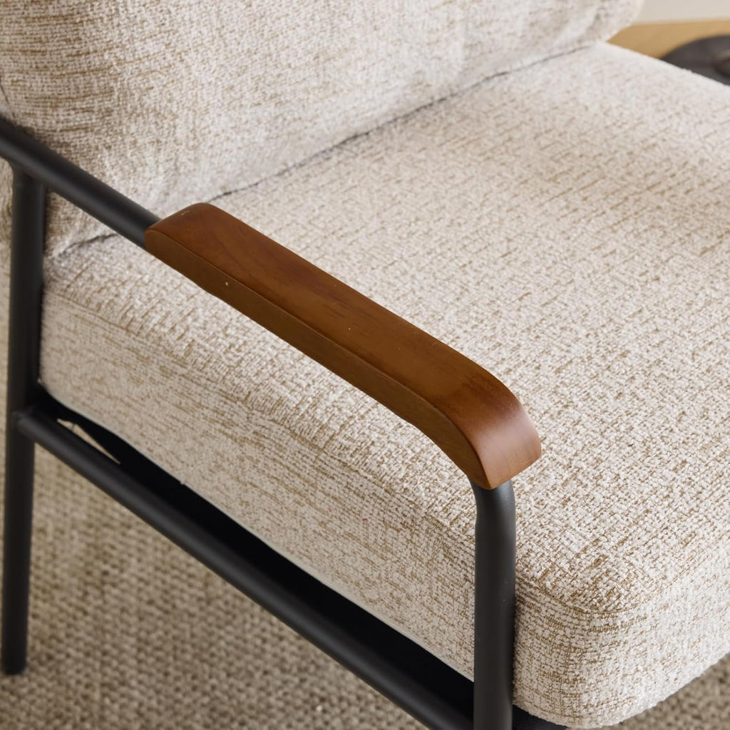 Beige Linen Mid-Century Accent Chair with Wood Arms & Metal Frame