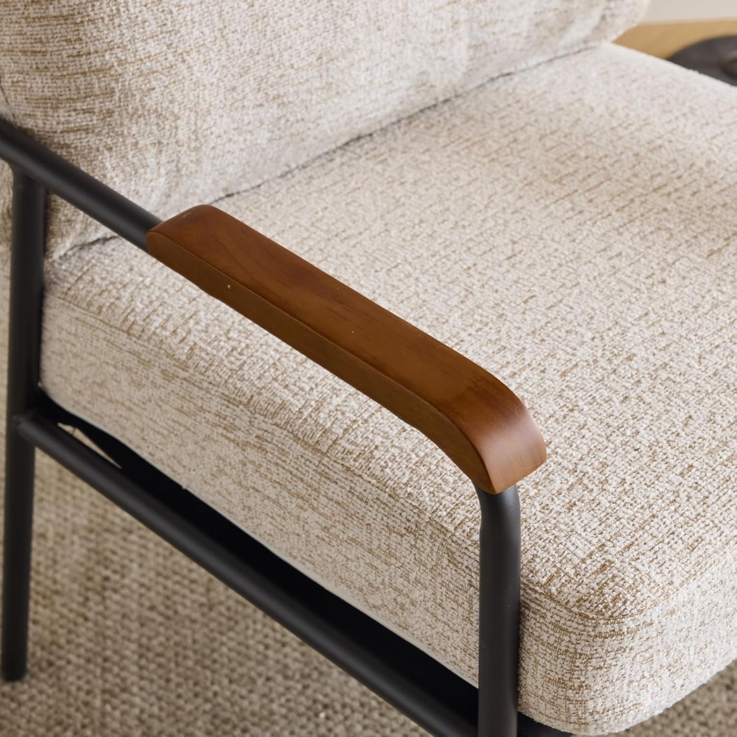 Beige Linen Mid-Century Accent Chair with Wood Arms & Metal Frame