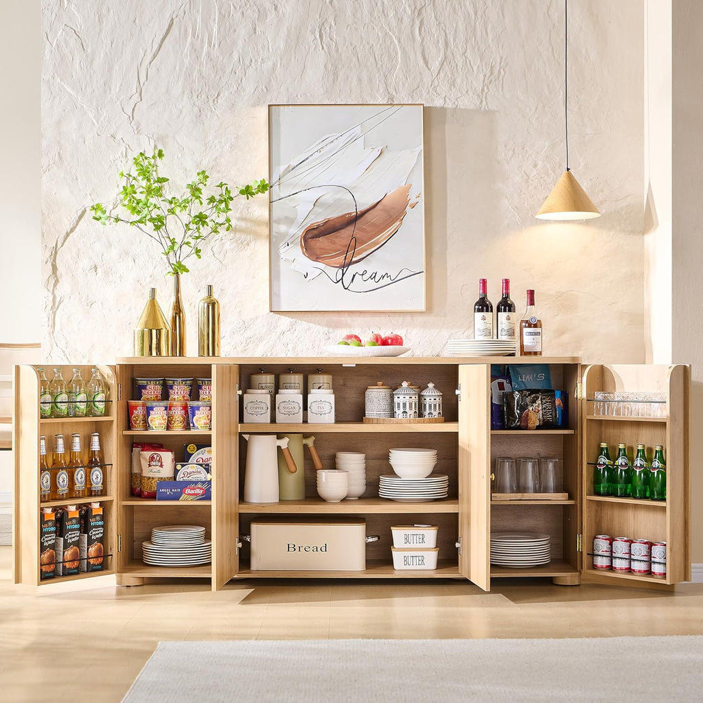 Natural Curved 4-Door 66 Inch Storage Sideboard Buffet Cabinet