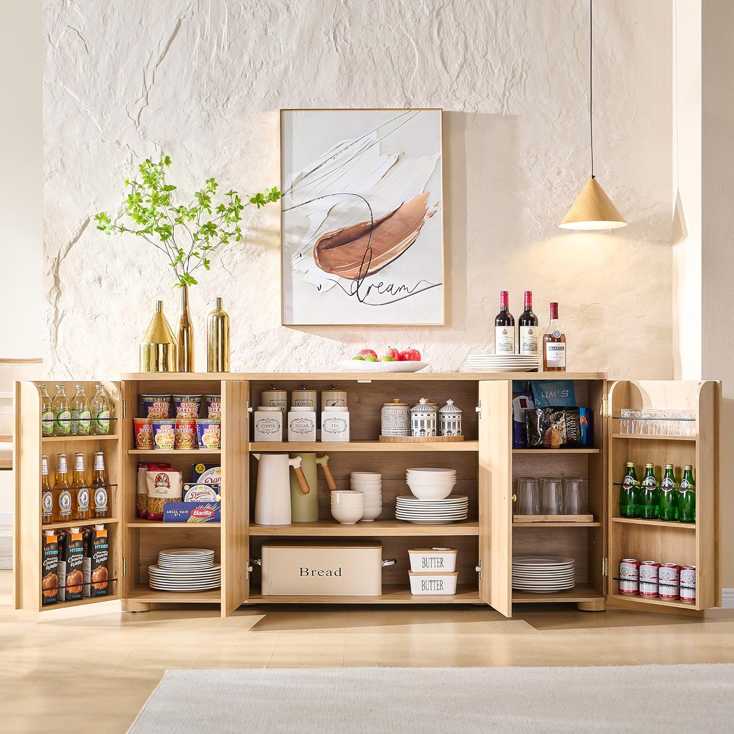 Natural Curved 4-Door 66 Inch Storage Sideboard Buffet Cabinet