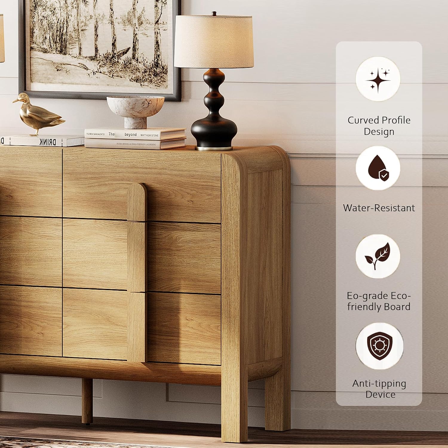 Light Walnut 6-Drawer Modern Sideboard Buffet Cabinet