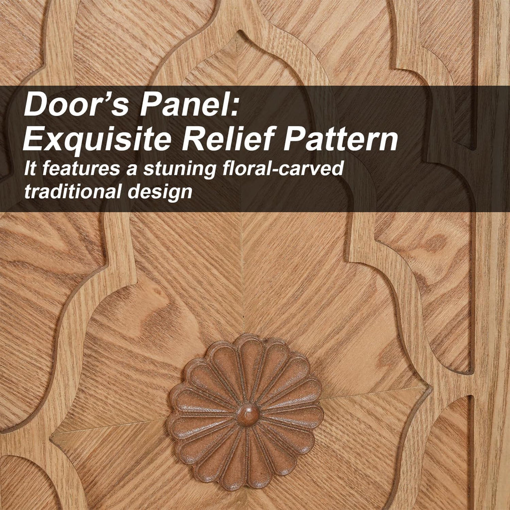 Natural Wood Floral Carved 63 Inch Storage Sideboard Credenza