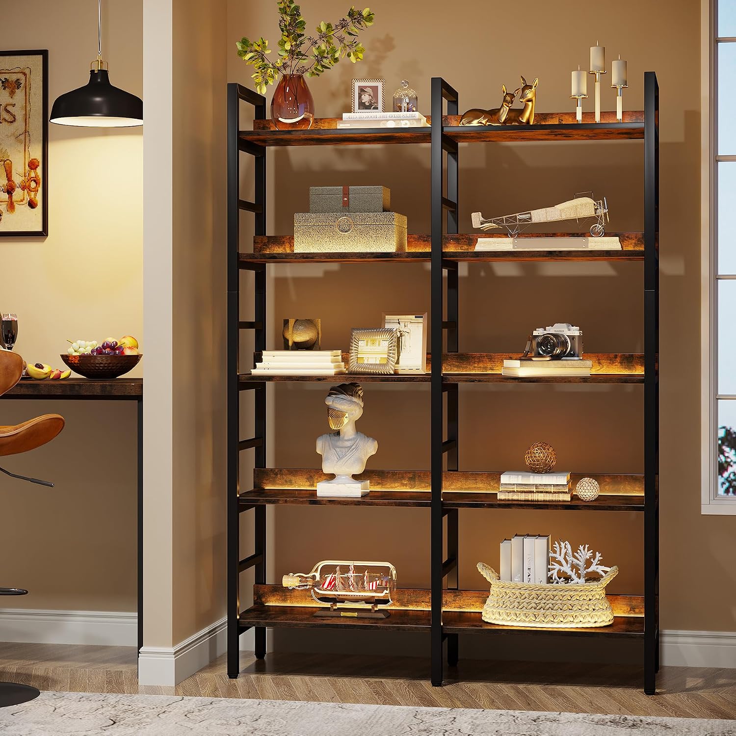 Tribesigns Rustic Brown Double Wide 5-Tier Industrial Bookshelf