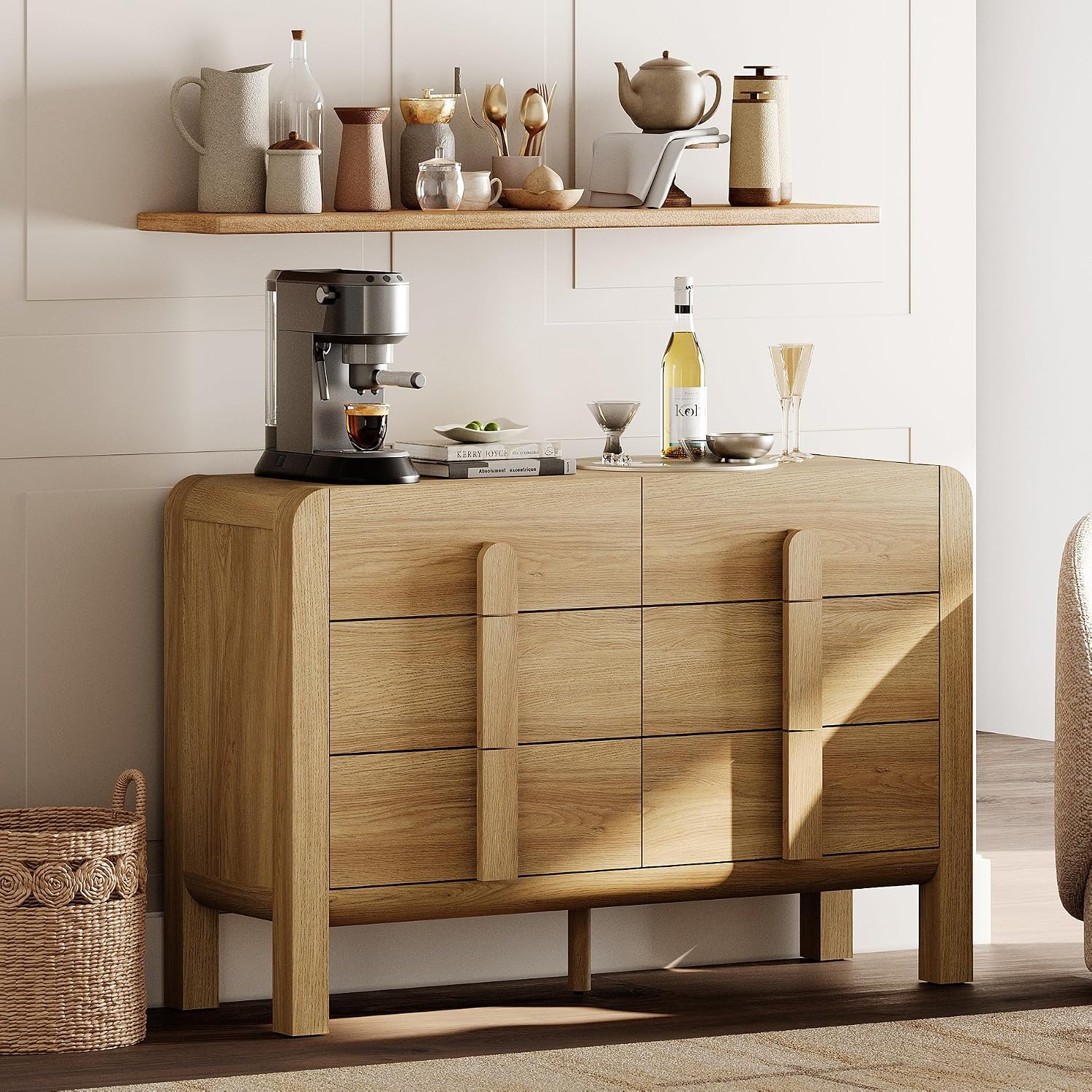 Light Walnut 6-Drawer Modern Sideboard Buffet Cabinet