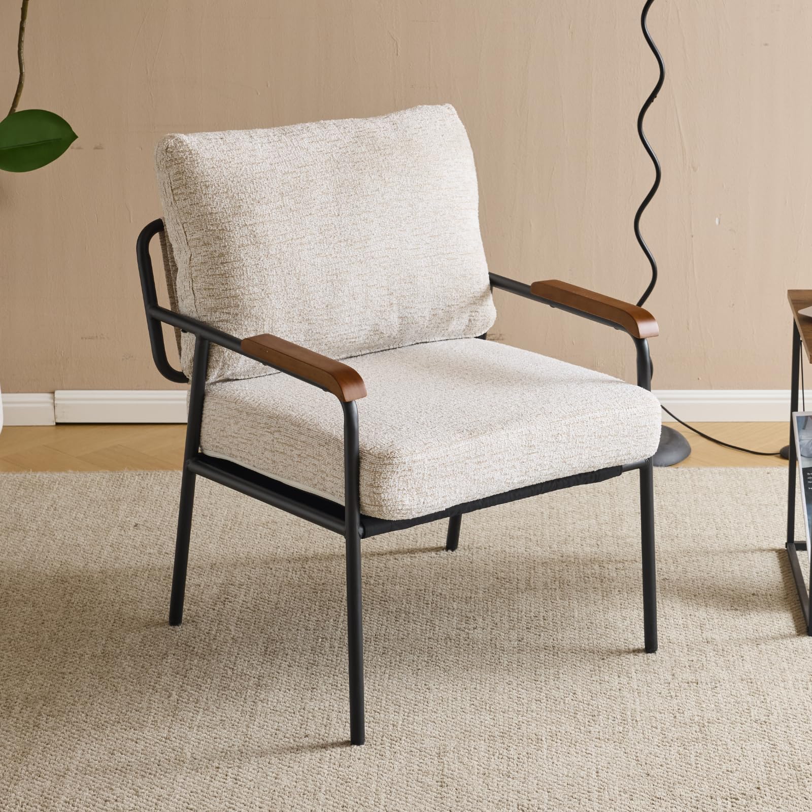 Beige Linen Mid-Century Accent Chair with Wood Arms & Metal Frame