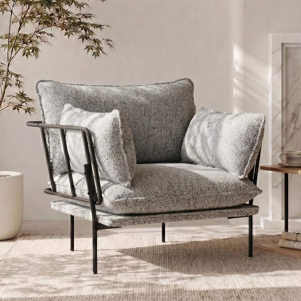 Panda White Boucle Oversized Deep Seat Accent Chair with Black Metal Frame