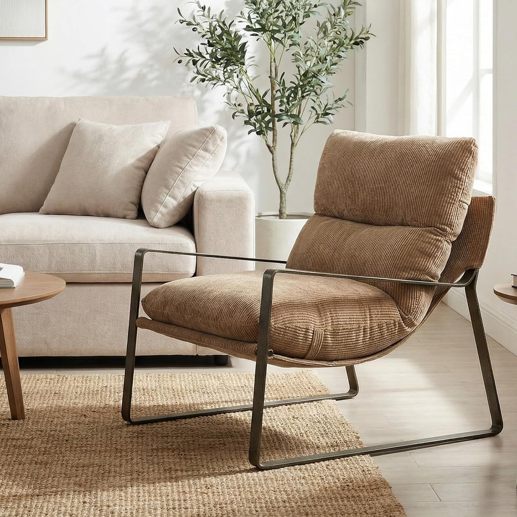 Khaki Chenille Accent Armchair with Brass Metal Frame