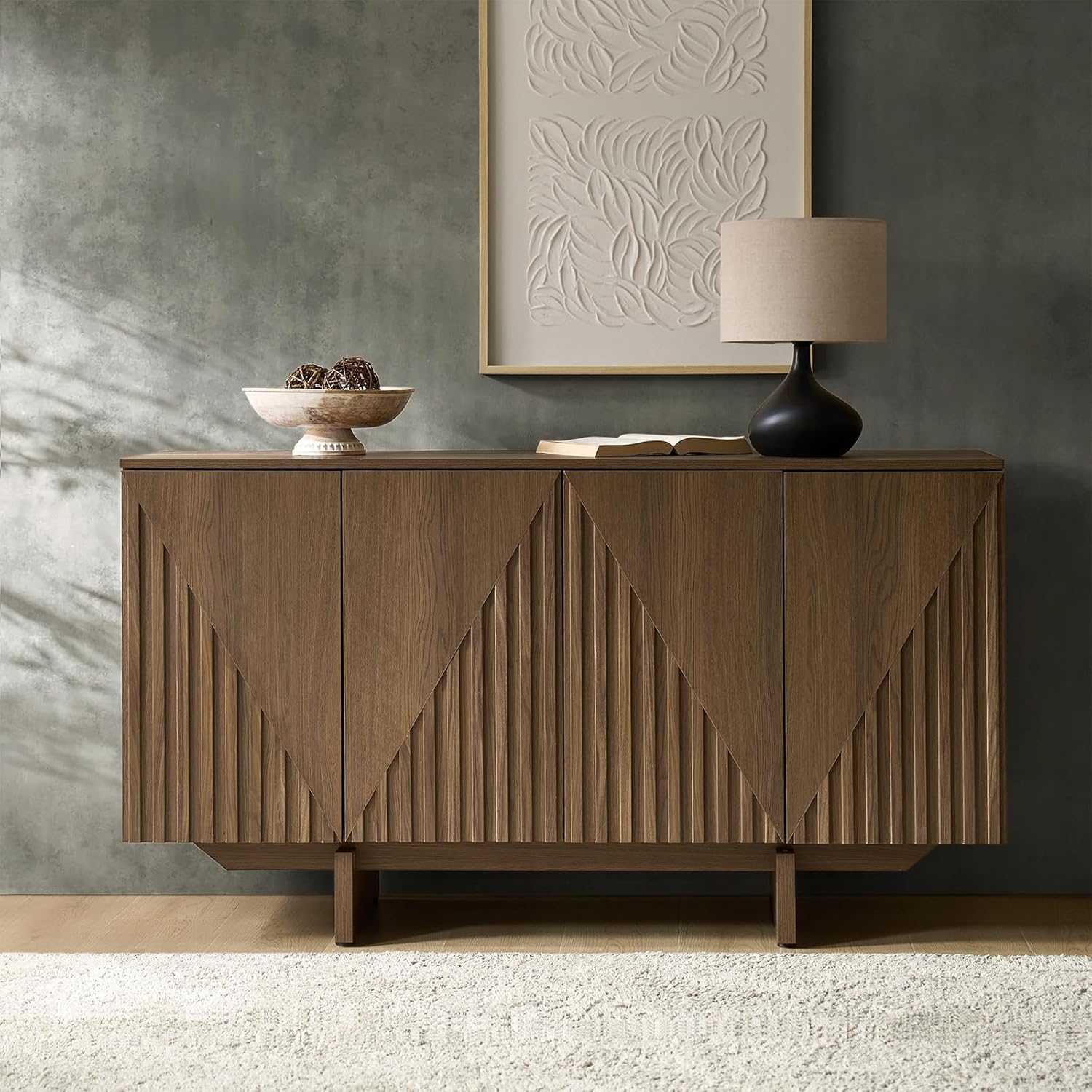 Black Fluted 4-Door Mid Century Solid Wood Sideboard