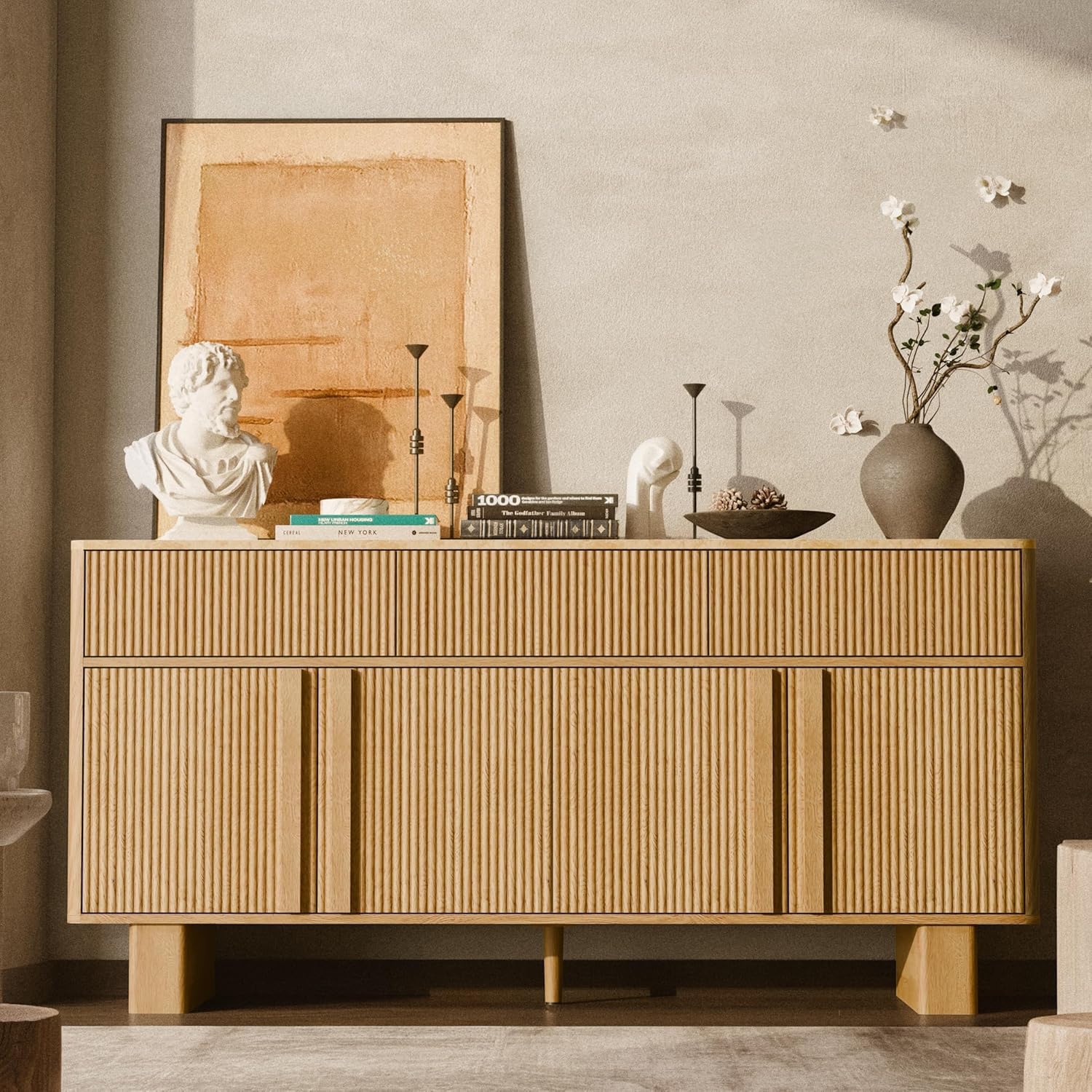 Light Oak Farmhouse 3 Doors 3 Drawers Storage Sideboard