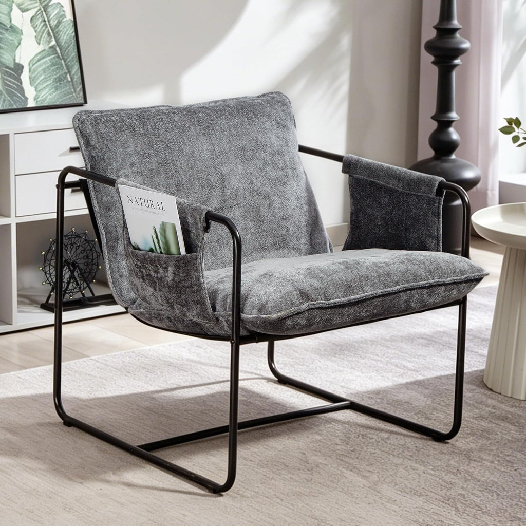 Chenille Upholstered Modern Accent Lounge Chair with Armrests & Metal Frame