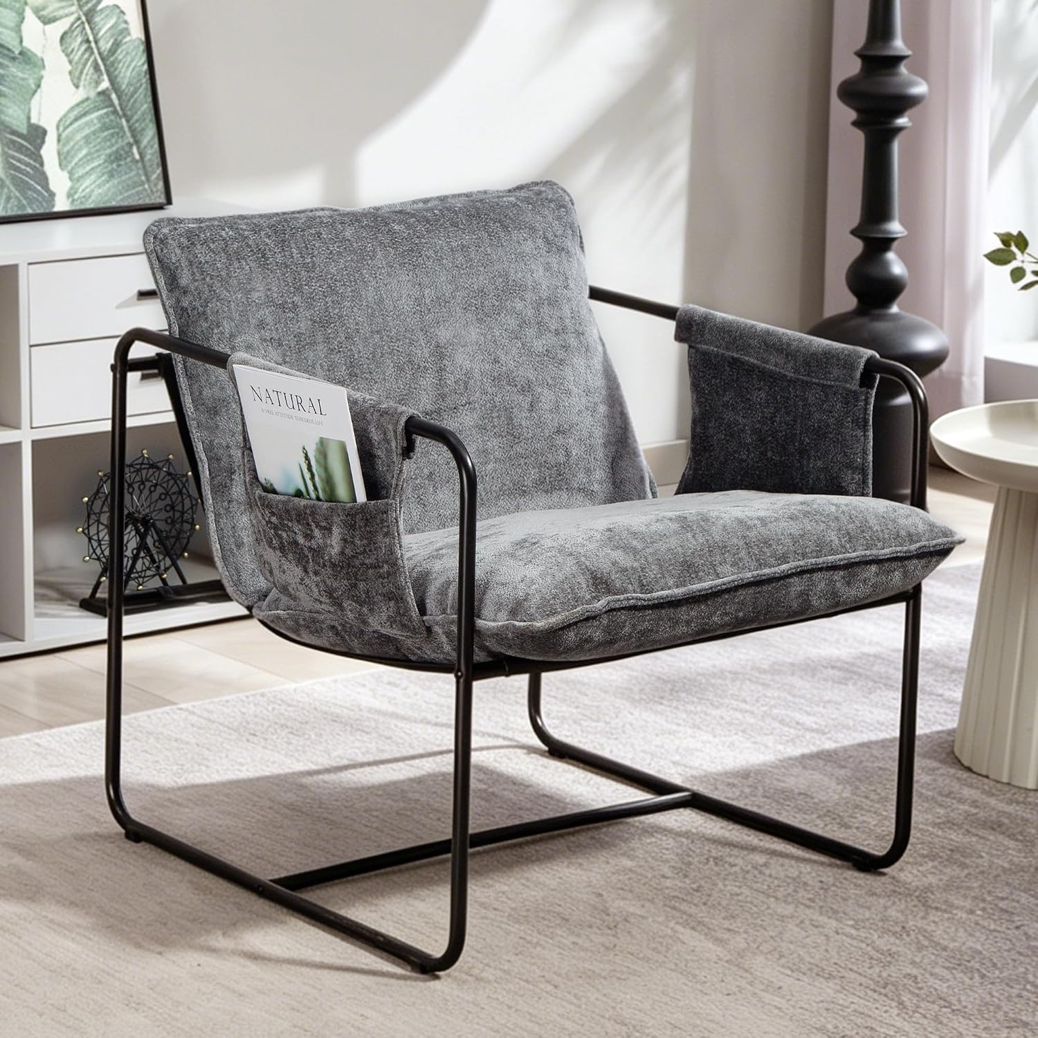 Chenille Upholstered Modern Accent Lounge Chair with Armrests & Metal Frame