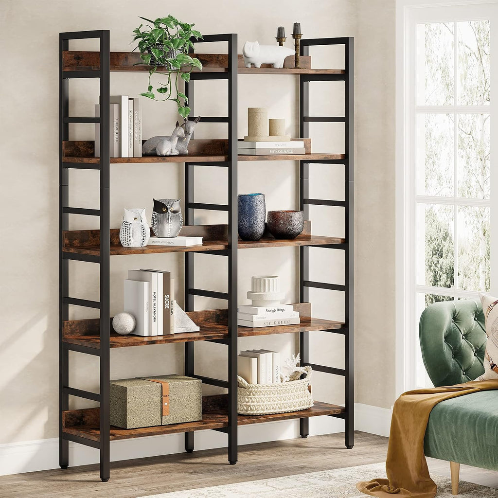 Tribesigns Rustic Brown Double Wide 5-Tier Industrial Bookshelf