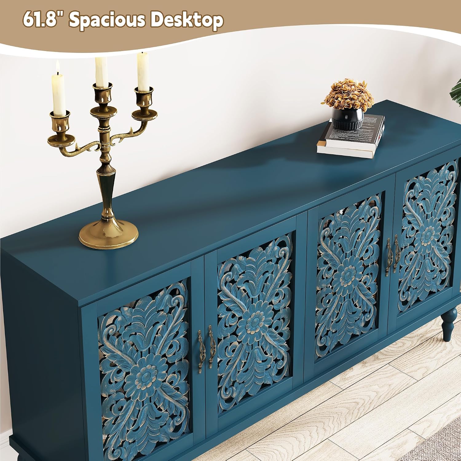 Antique Blue Hollow Carved 4-Door Vintage Sideboard Cabinet