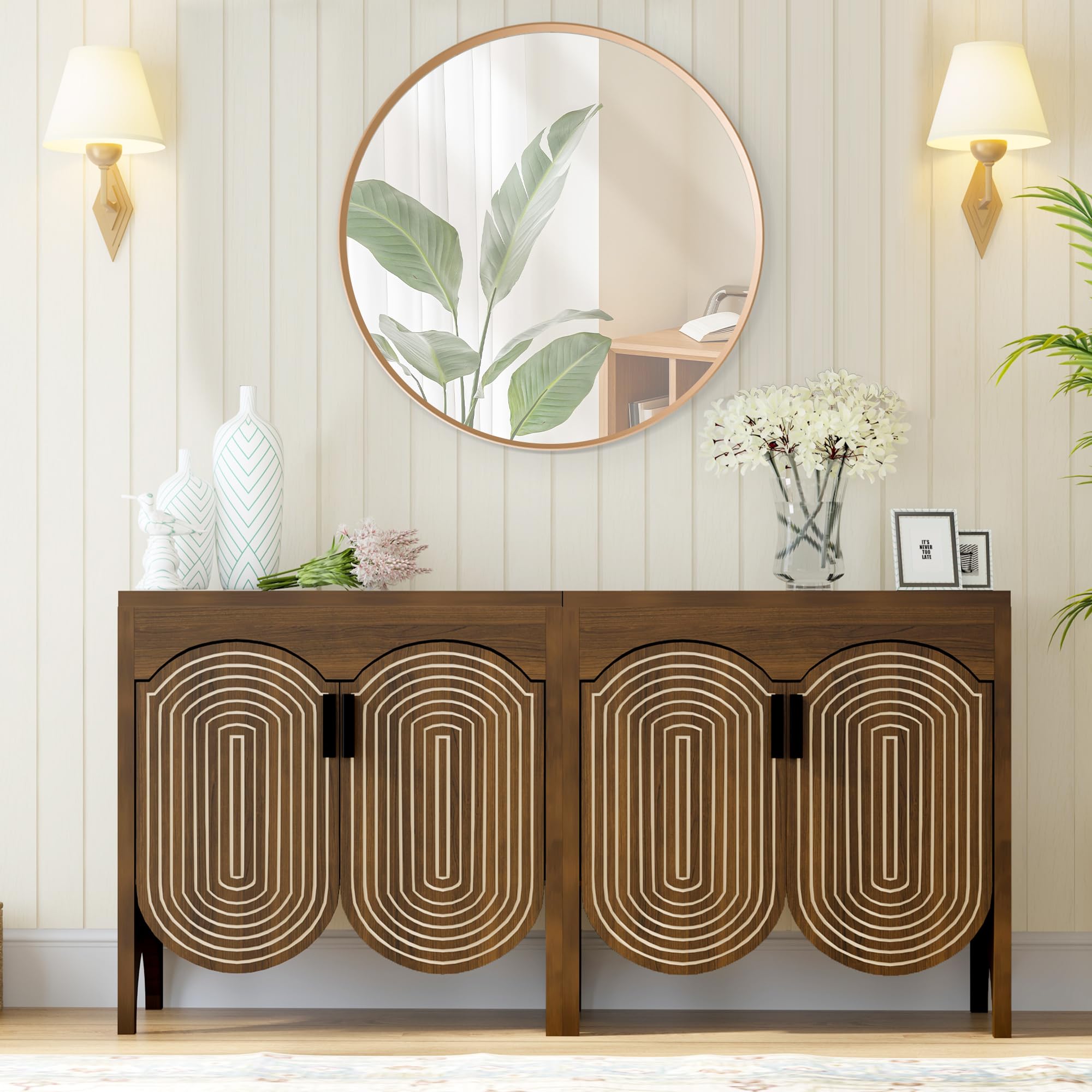 Walnut Fluted Arc Carved 4-Door Storage Sideboard Cabinet