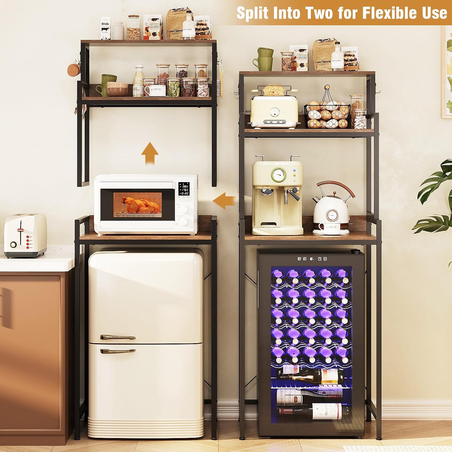 Rustic Brown 3-Tier Split Design Microwave Coffee Bar Baker’s Rack