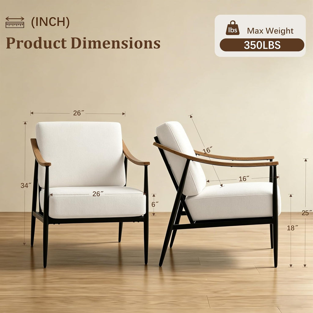 Cream White Mid-Century Metal Frame Upholstered Accent Chair