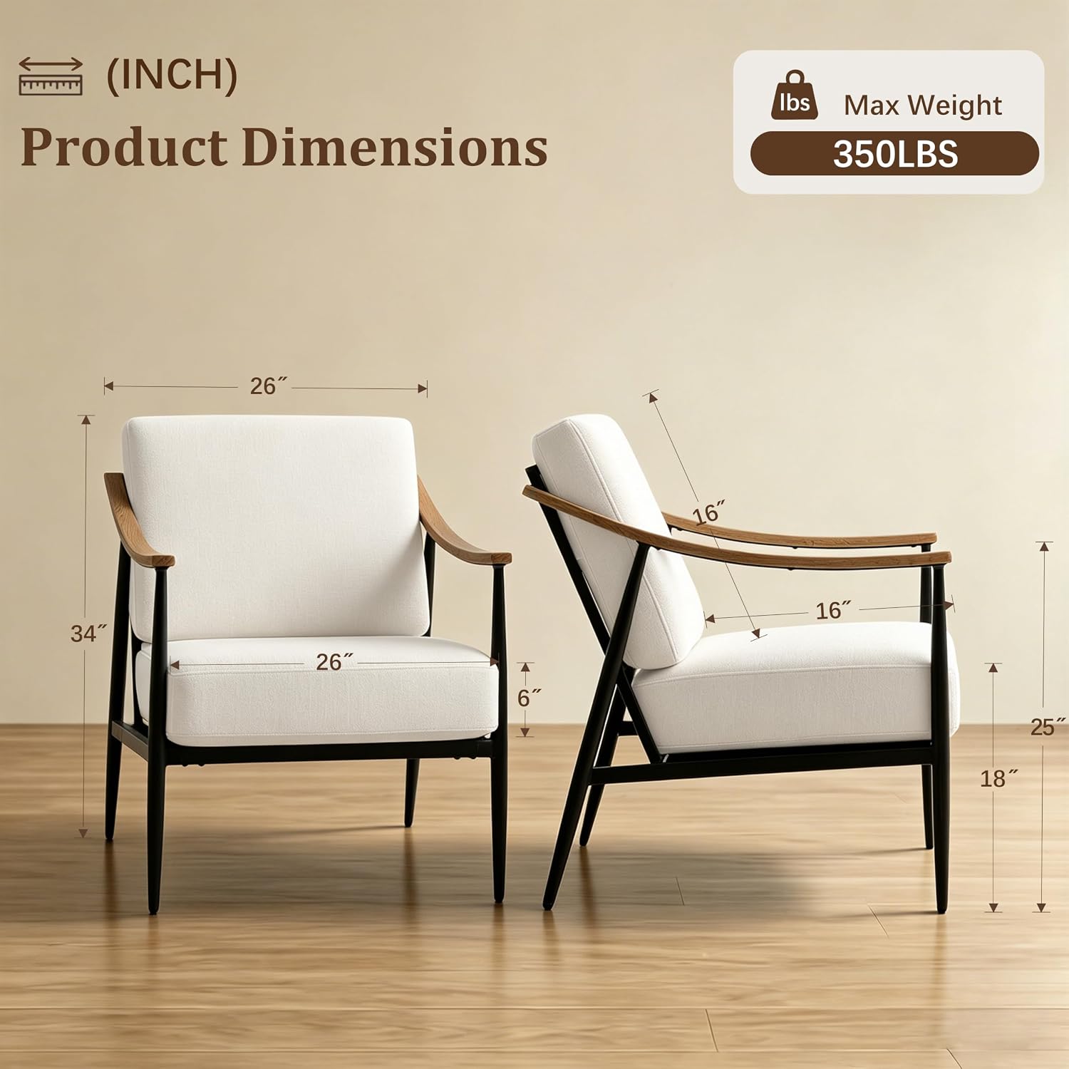 Cream White Mid-Century Metal Frame Upholstered Accent Chair