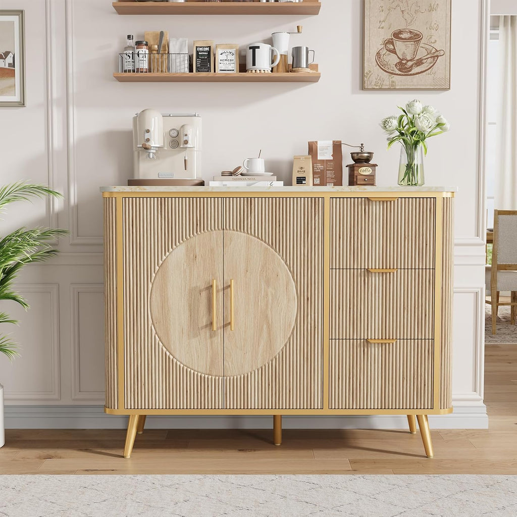 Natural Oak Fluted 2-Door 3-Drawer Storage Sideboard Cabinet