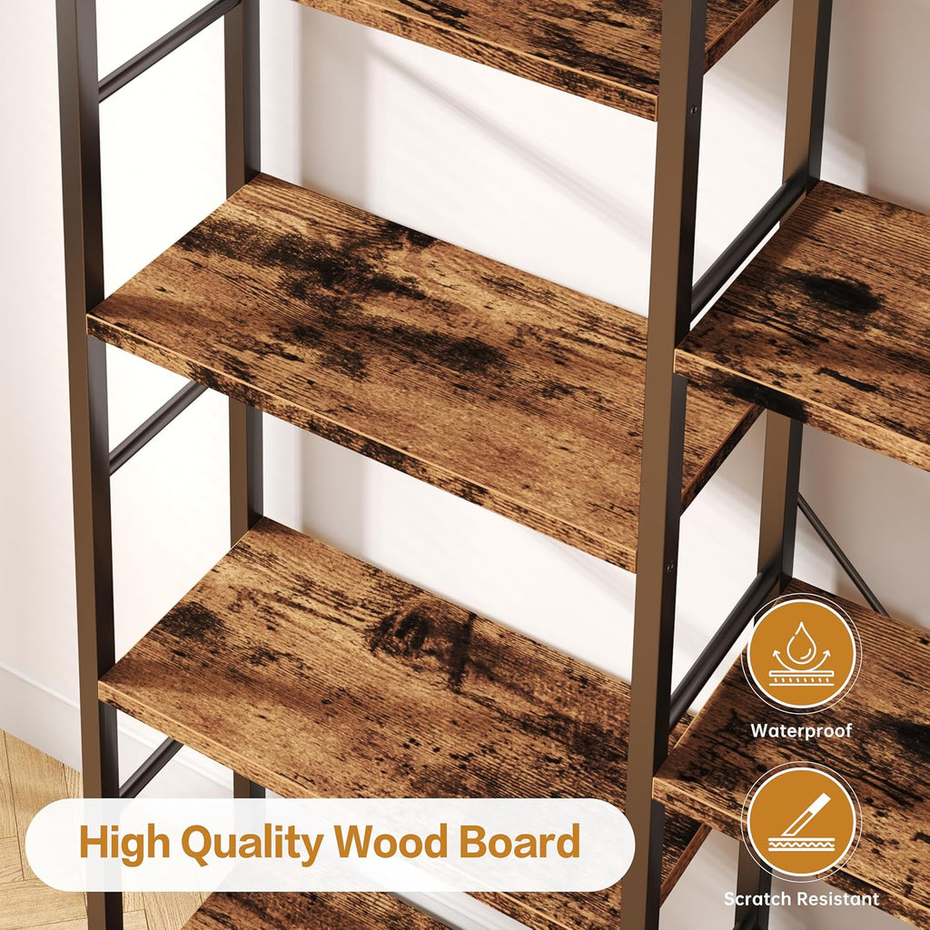 Rustic Brown Triple Column 5-Tier Wide Industrial Display Bookshelf