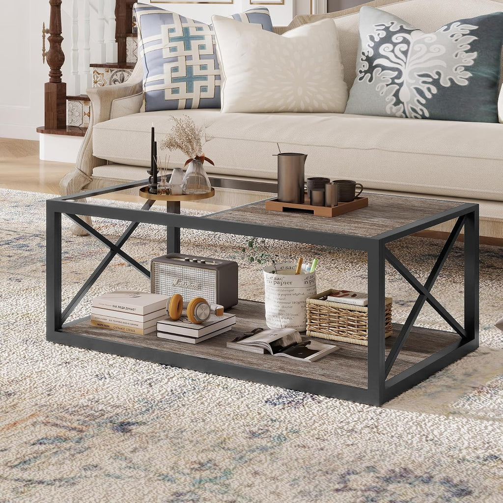 Industrial Glass Wood Coffee Table