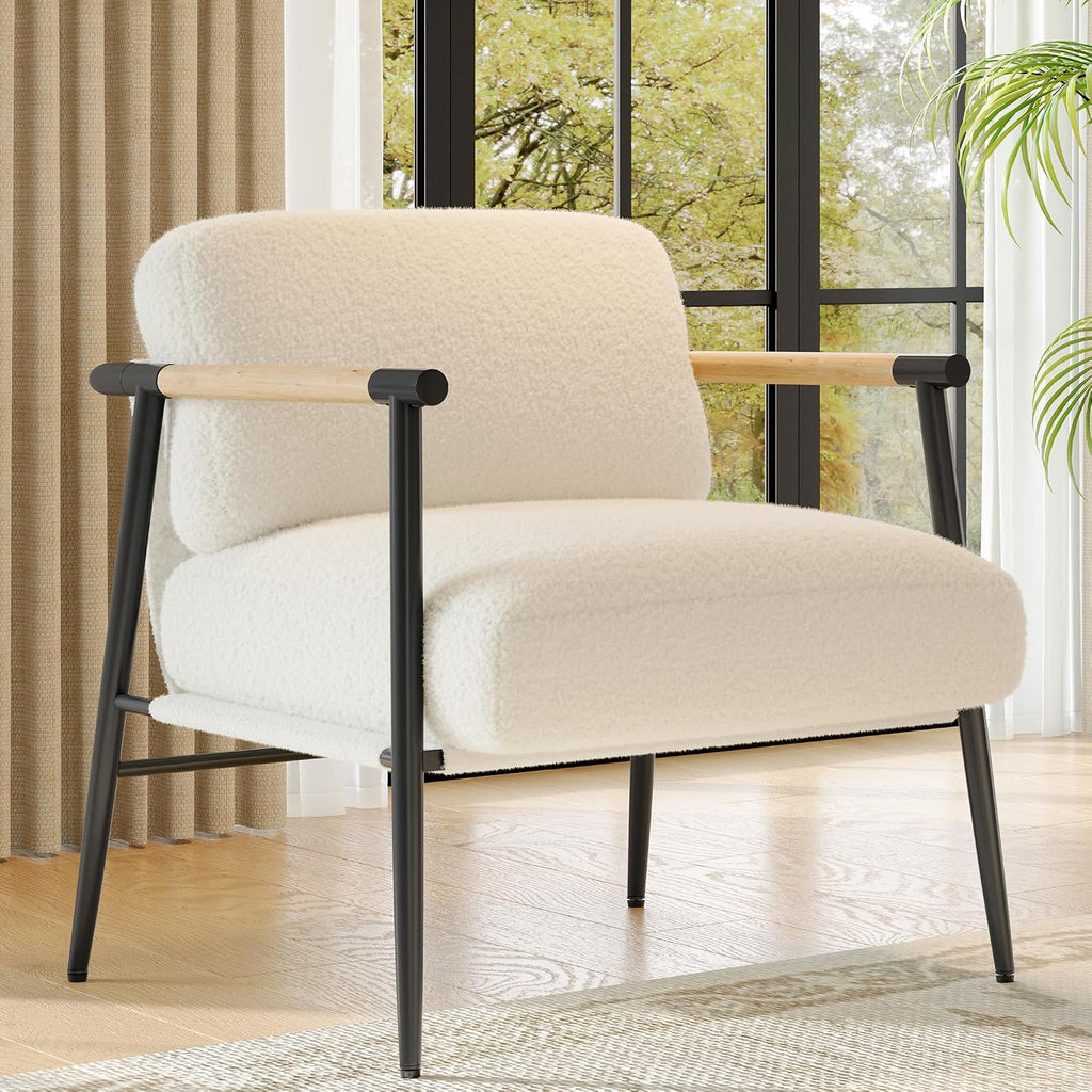 White Wood Armrest Metal Frame Modern Reading Accent Chair