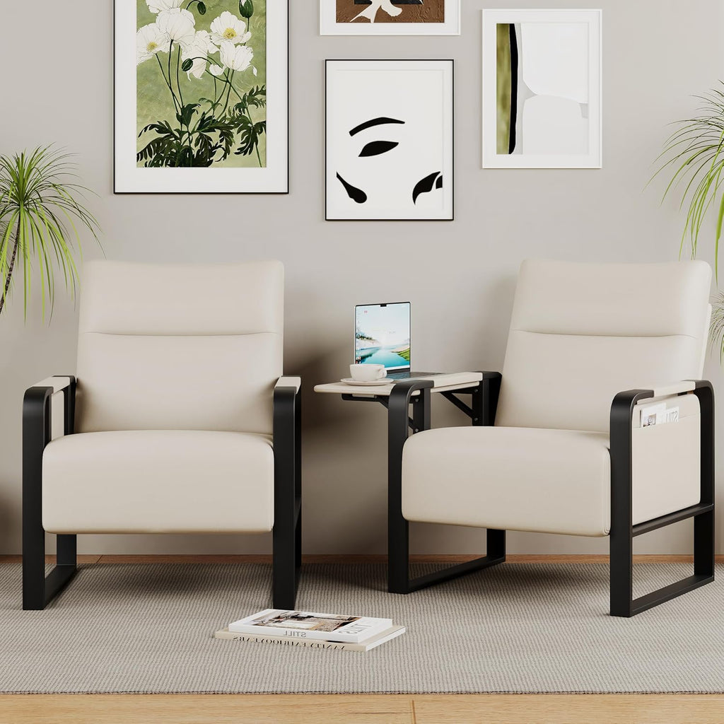 Beige Mid-Century Faux Leather Accent Chair Set of 2 with Side Table
