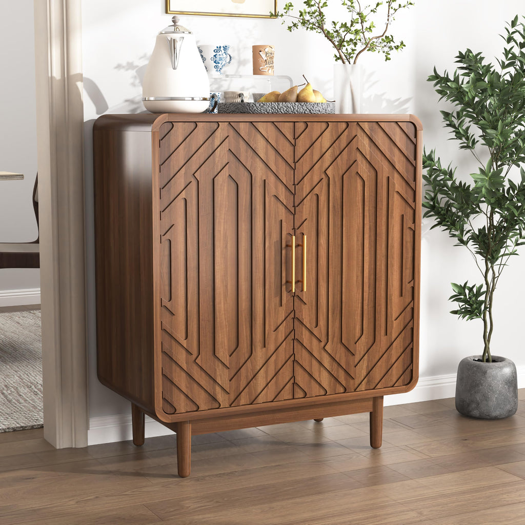 Walnut Geometric Carved 4-Door Mid-Century Sideboard Cabinet