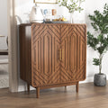 Walnut Geometric Carved 4-Door Mid-Century Sideboard Cabinet