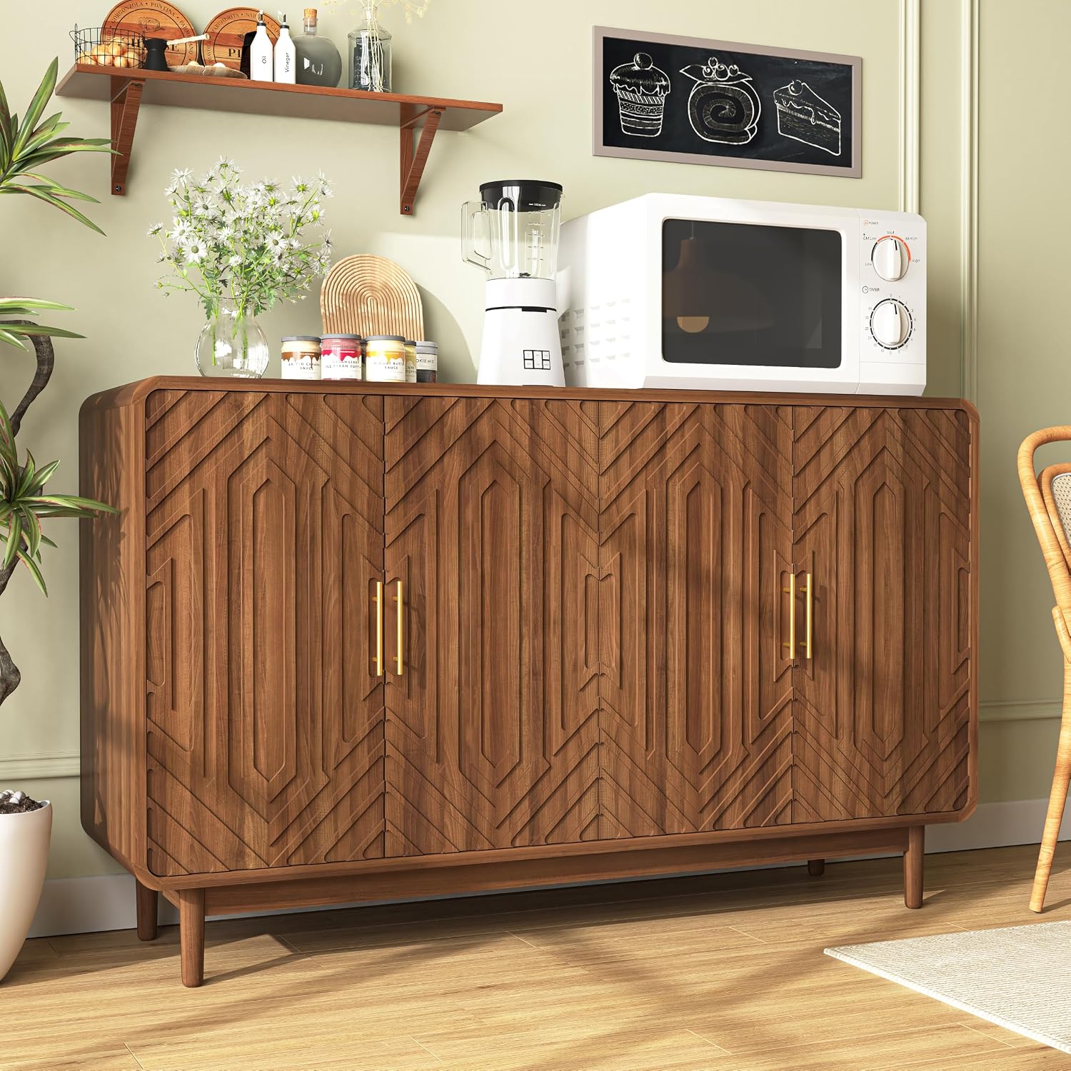 Walnut Geometric Carved 4-Door Mid-Century Sideboard Cabinet