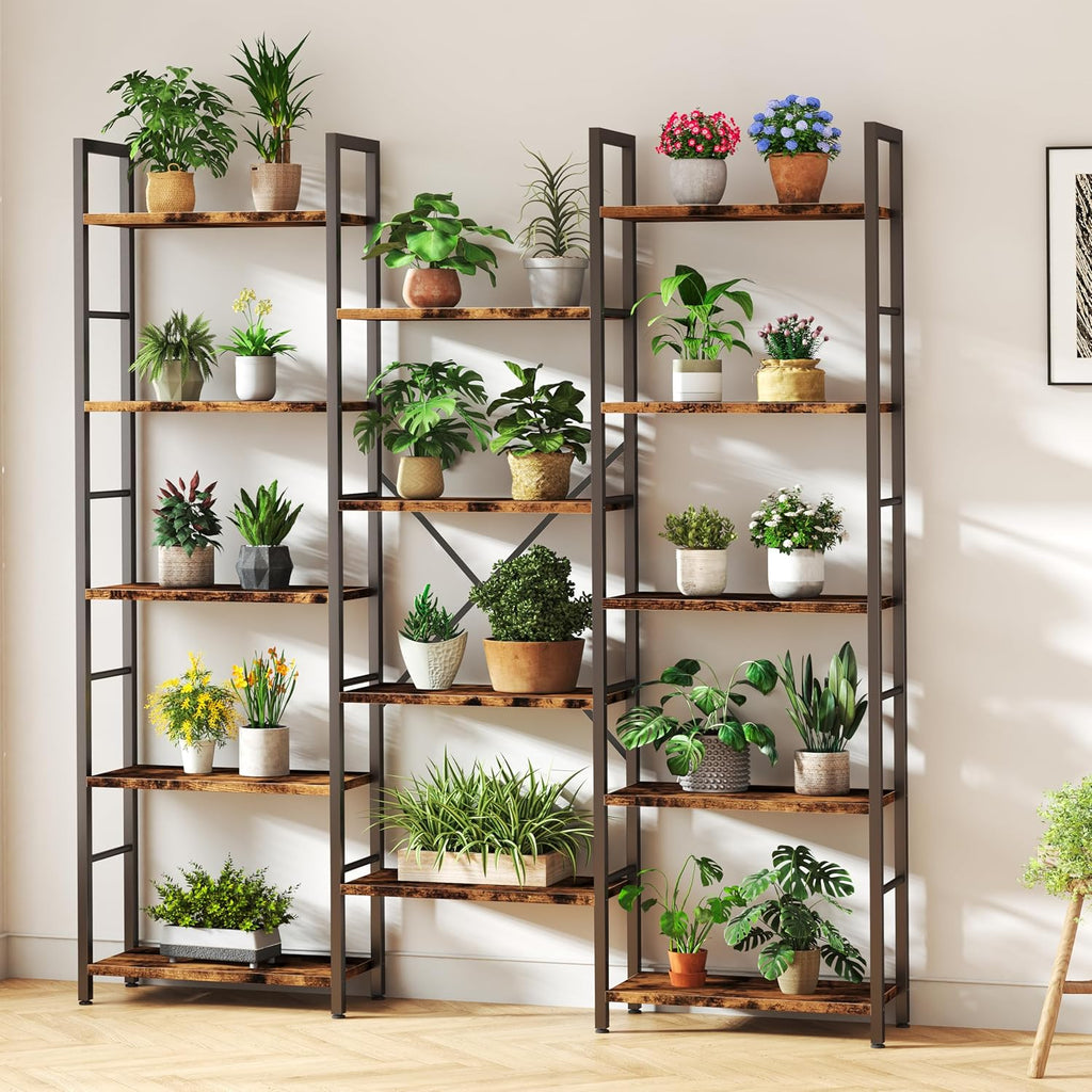 Rustic Brown Triple Column 5-Tier Wide Industrial Display Bookshelf