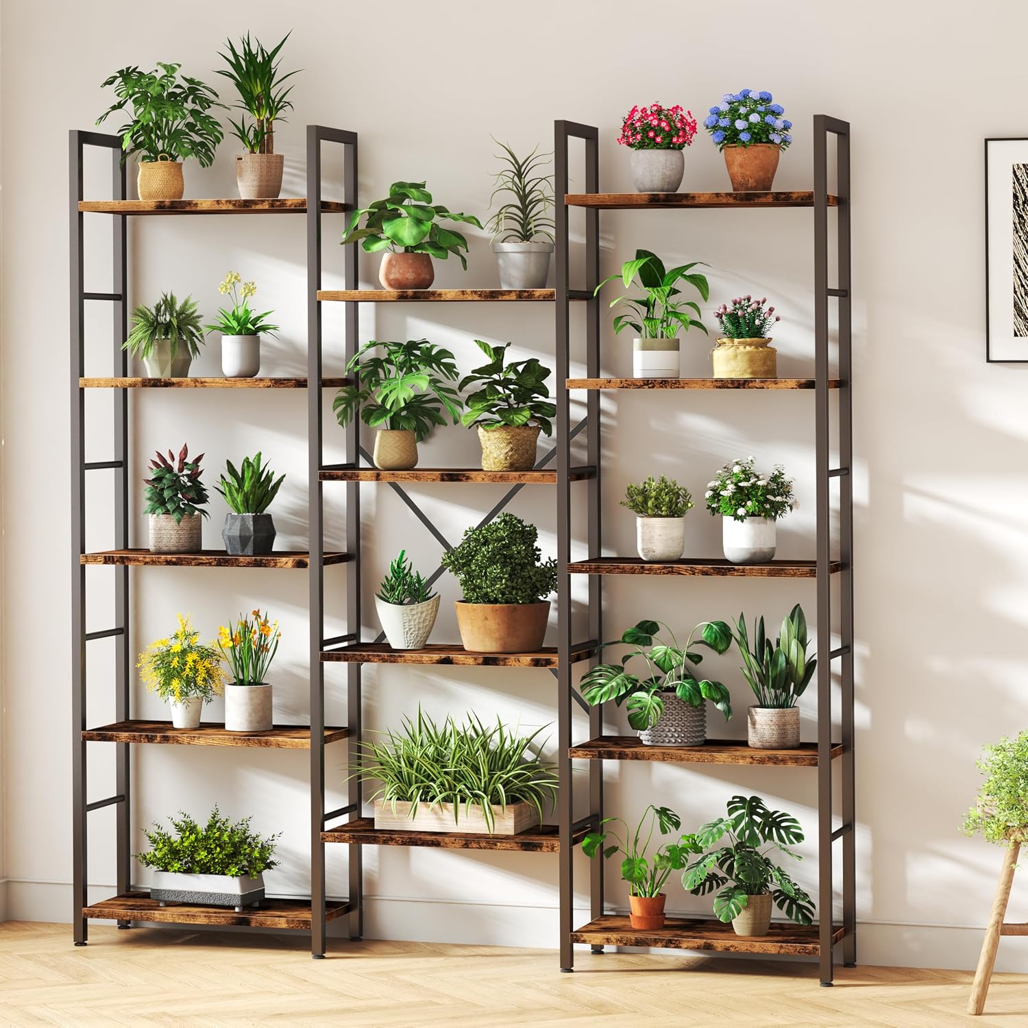 Rustic Brown Triple Column 5-Tier Wide Industrial Display Bookshelf